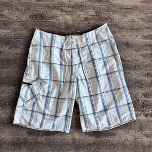 Champs Mens Board Shorts Swim Trunks- White blue And Brown  Pattern- Size 34